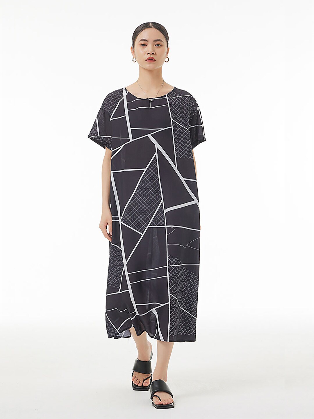 

JC Collection Geometric Printed Flared Sleeve Pure Cotton A-Line Midi Dress, Black