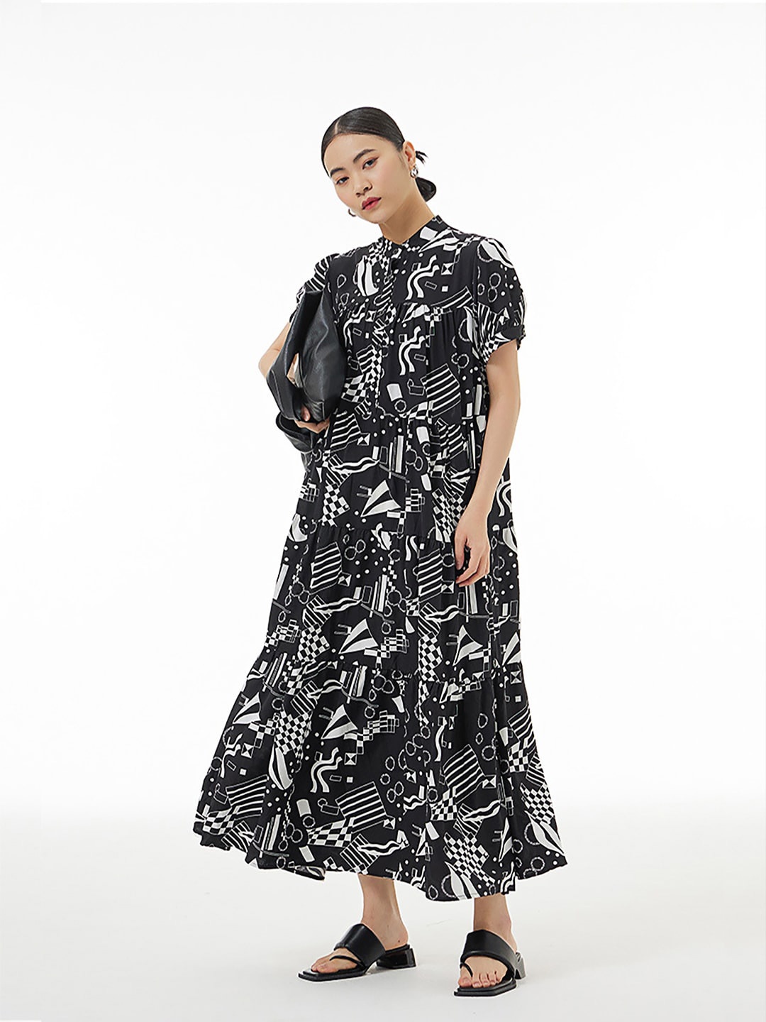 

JC Collection Abstract Printed Mandarin Collar Maxi Dress, Black