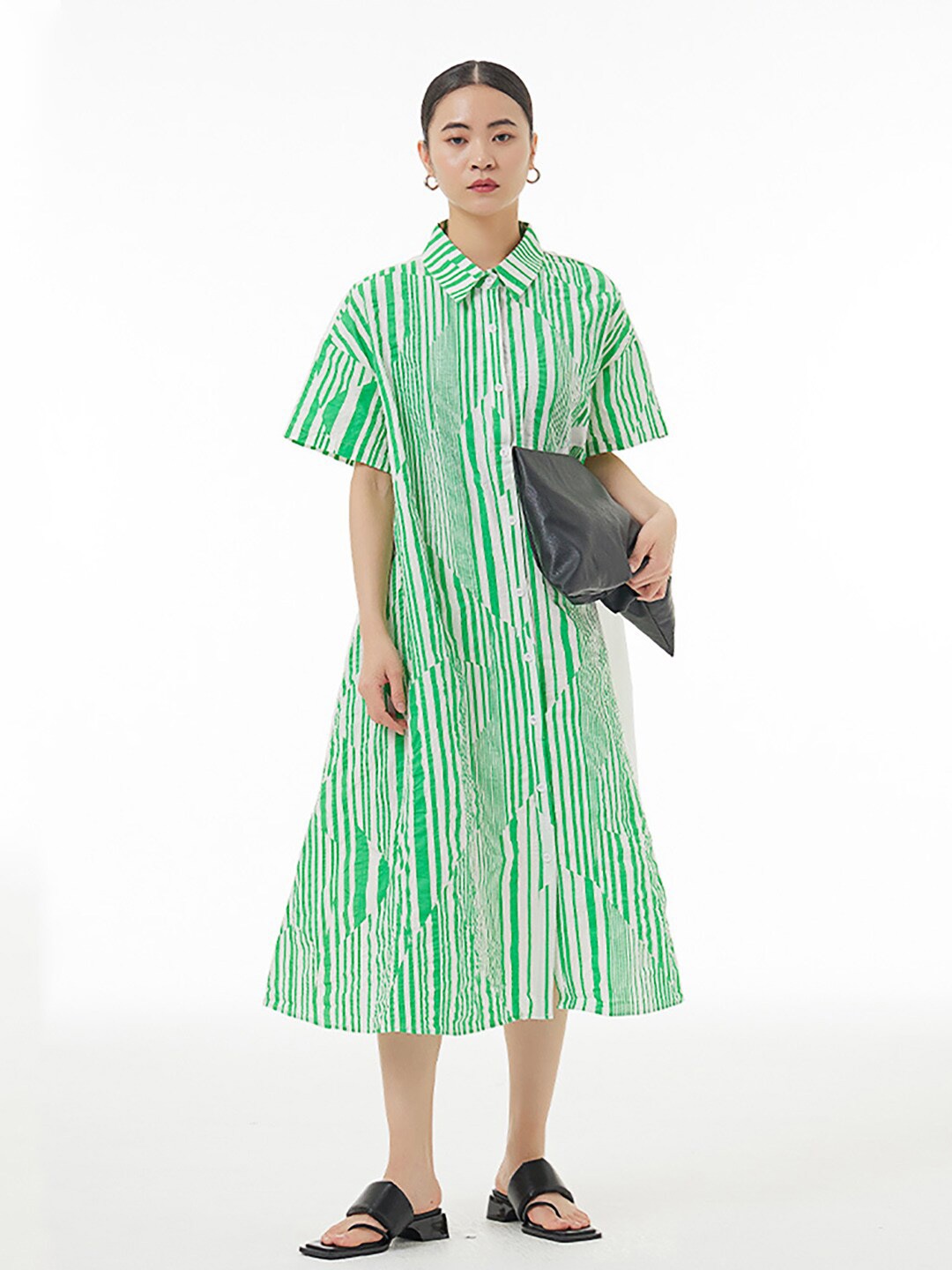 

JC Collection Striped Pure Cotton Shirt Midi Dress, Green
