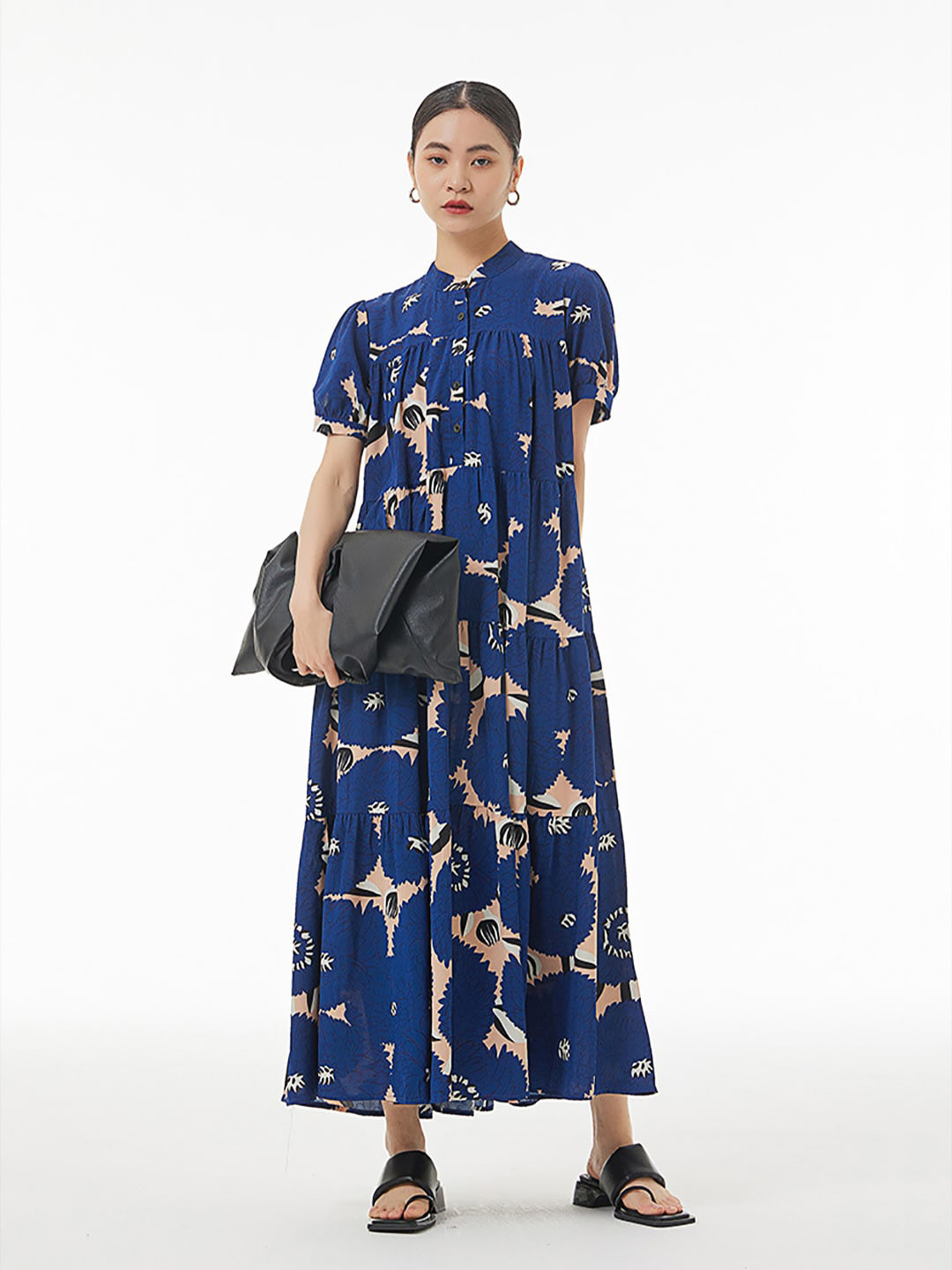

JC Collection Mandarin Collar Puff Sleeves Floral Printed Maxi Dress, Blue