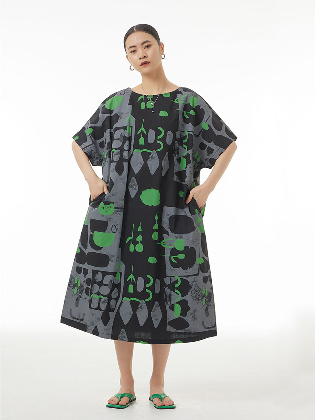 

JC Collection Tropical Print Flared Sleeve Cotton Maxi Midi Dress, Black