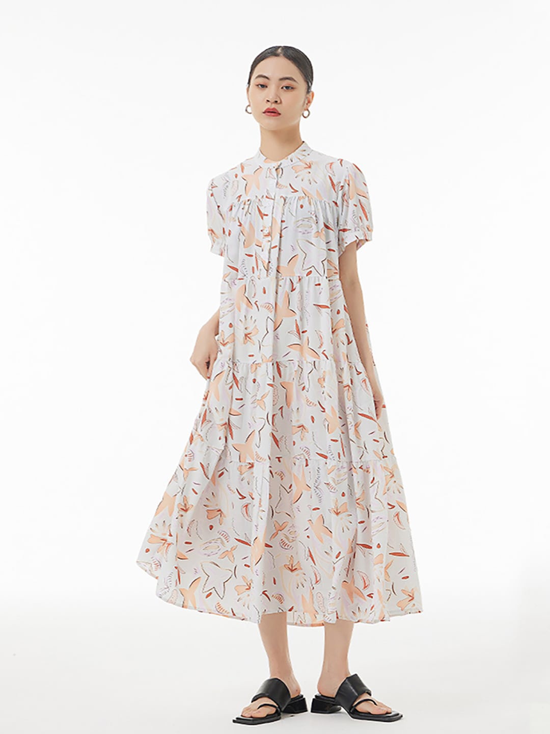 

JC Collection Mandarin Collar Floral Print A-Line Maxi Dress, Beige