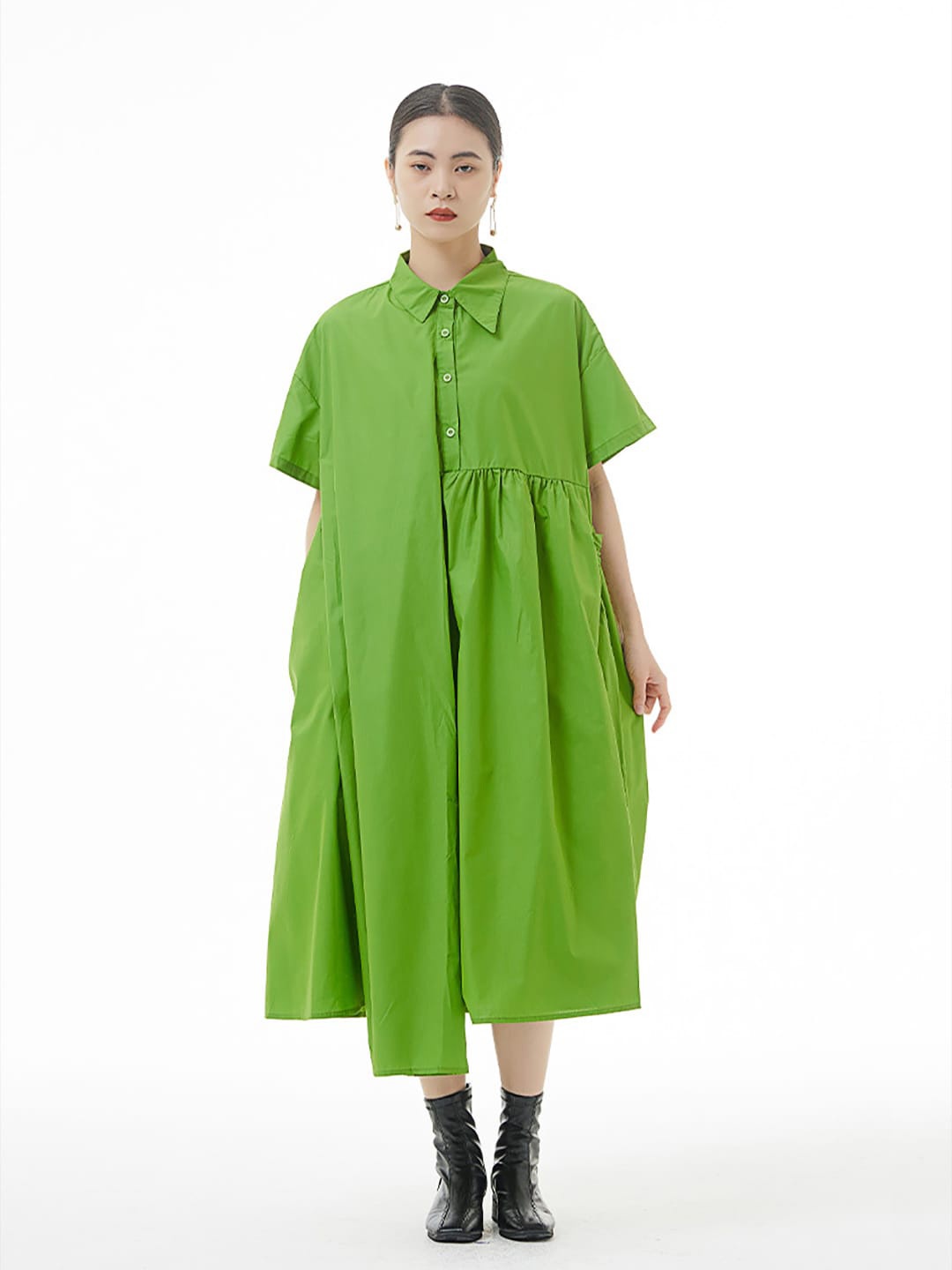 

JC Collection Gathered Pure Cotton Shirt Midi Dress, Green