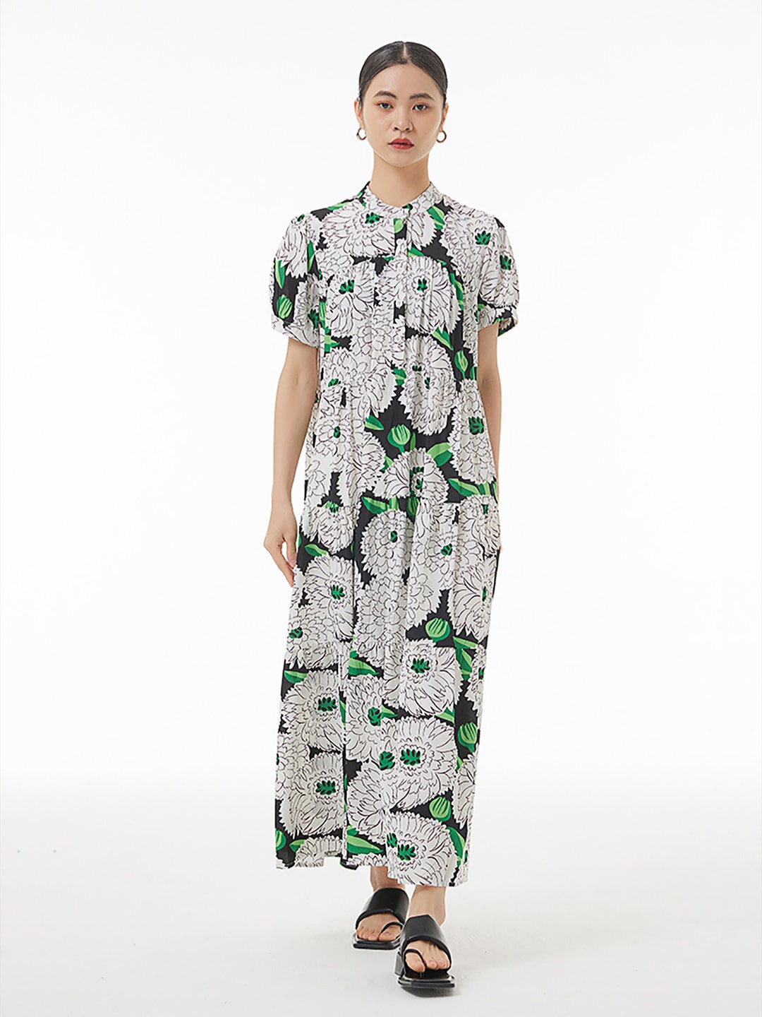 

JC Collection Mandarin Collar Puff Sleeves Floral Printed Maxi Dress, Black