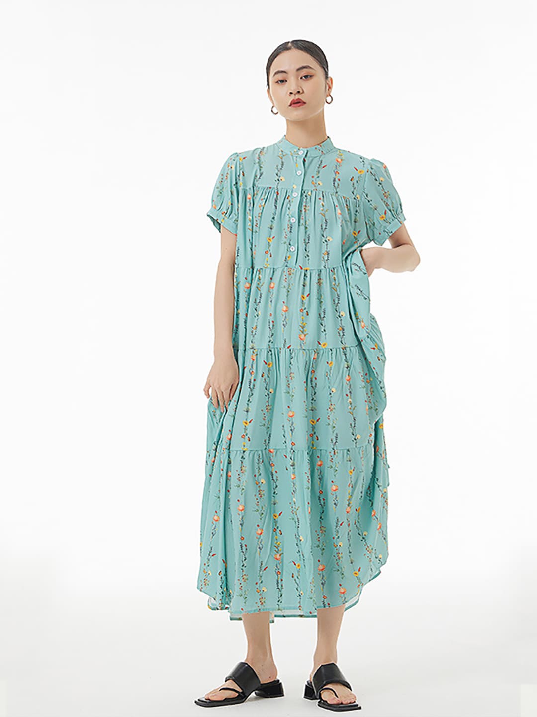 

JC Collection Floral Printed Puff Sleeve A-Line Midi Dress, Blue