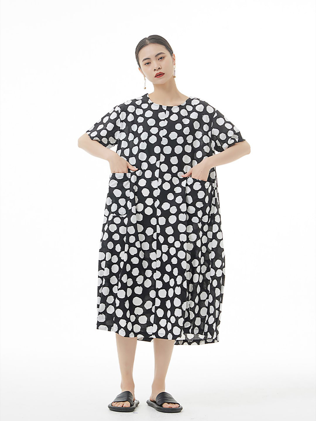 

JC Collection Pure Cotton Polka Dots A-Line Midi Dress, Black