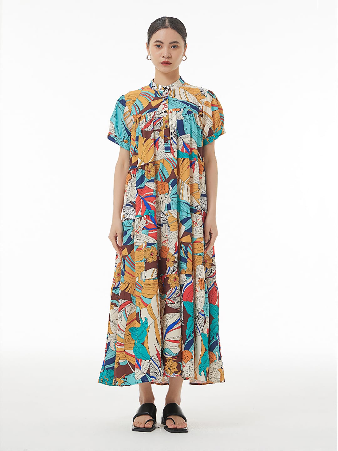 

JC Collection Mandarin Collar Floral Printed Maxi Dress, Coffee brown