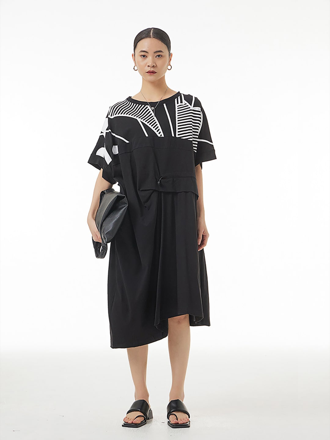 

JC Collection Abstract Printed Gathered Pure Cotton T-shirt Dress, Black