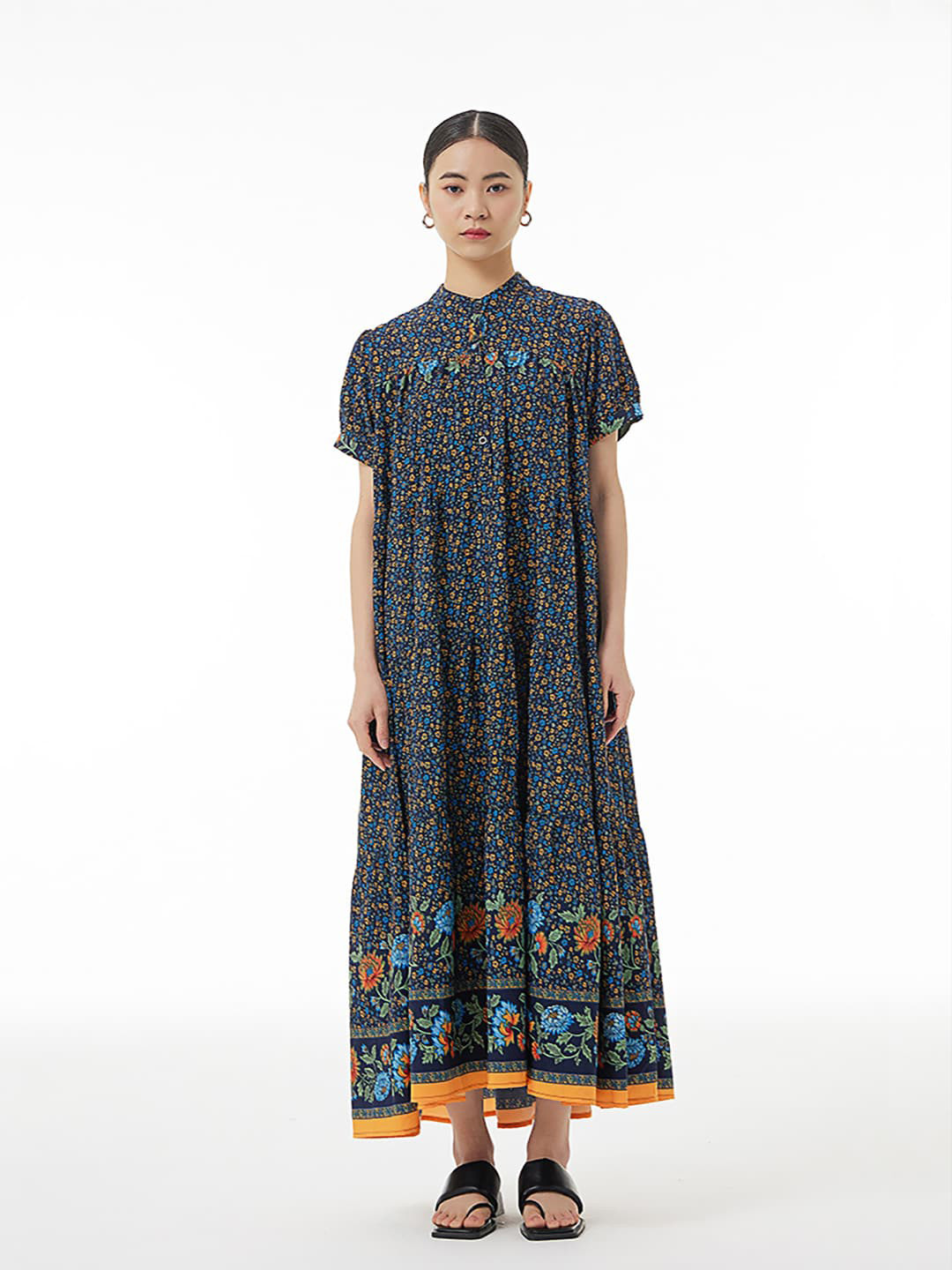

JC Collection Mandarin Collar Puff Sleeves Floral Printed Maxi Dress, Black