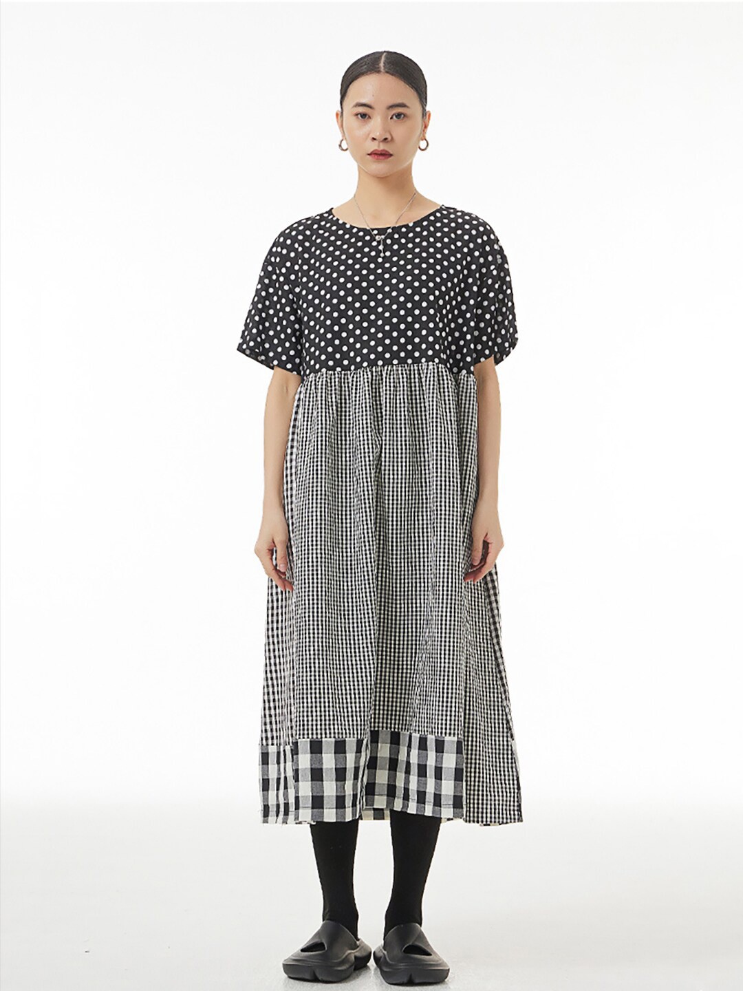 

JC Collection Polka Dots Printed Pure Cotton Fit & Flare Midi Dress, Black