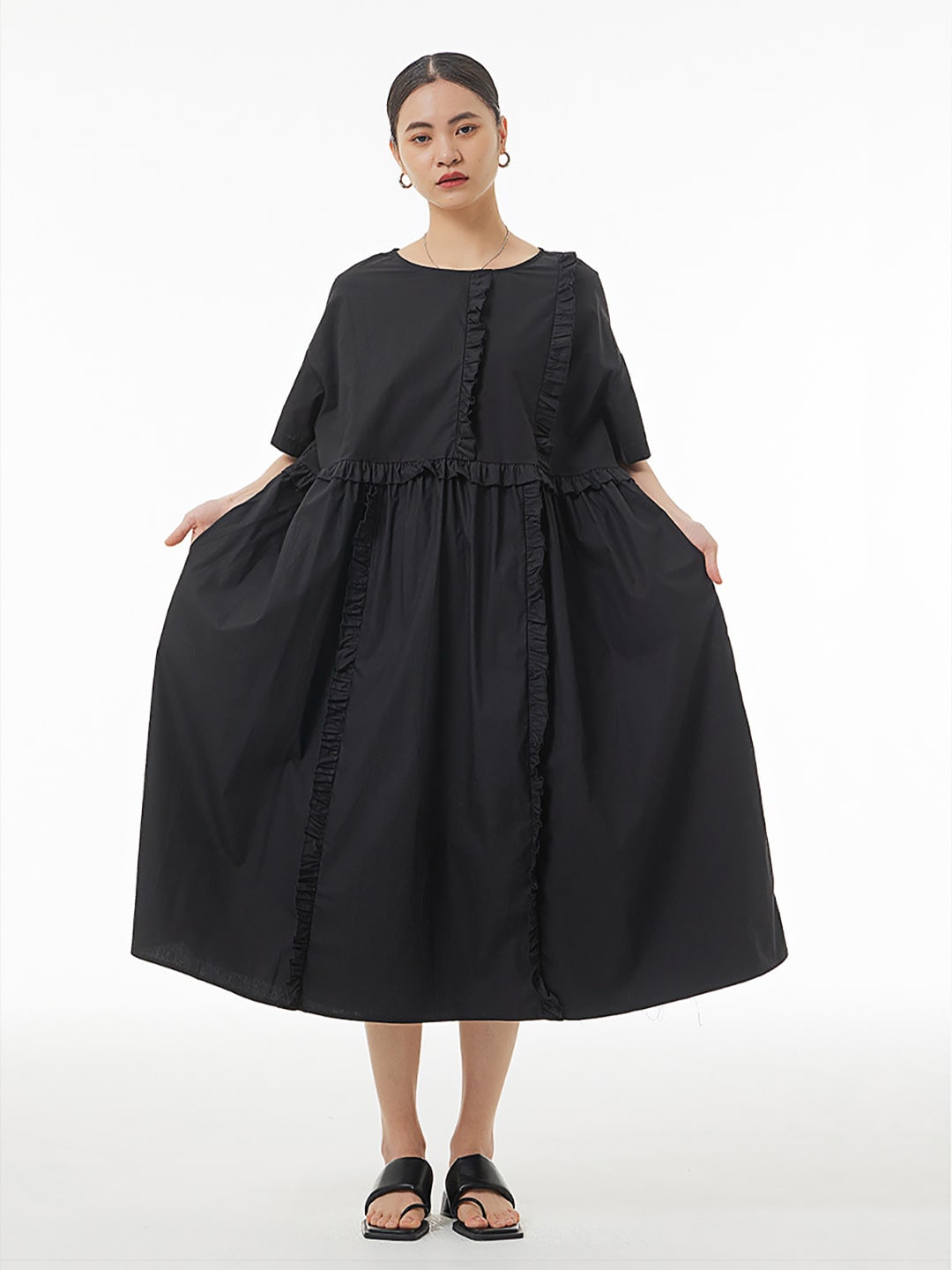 

JC Collection Ruffled Pure Cotton A-Line Midi Dress, Black