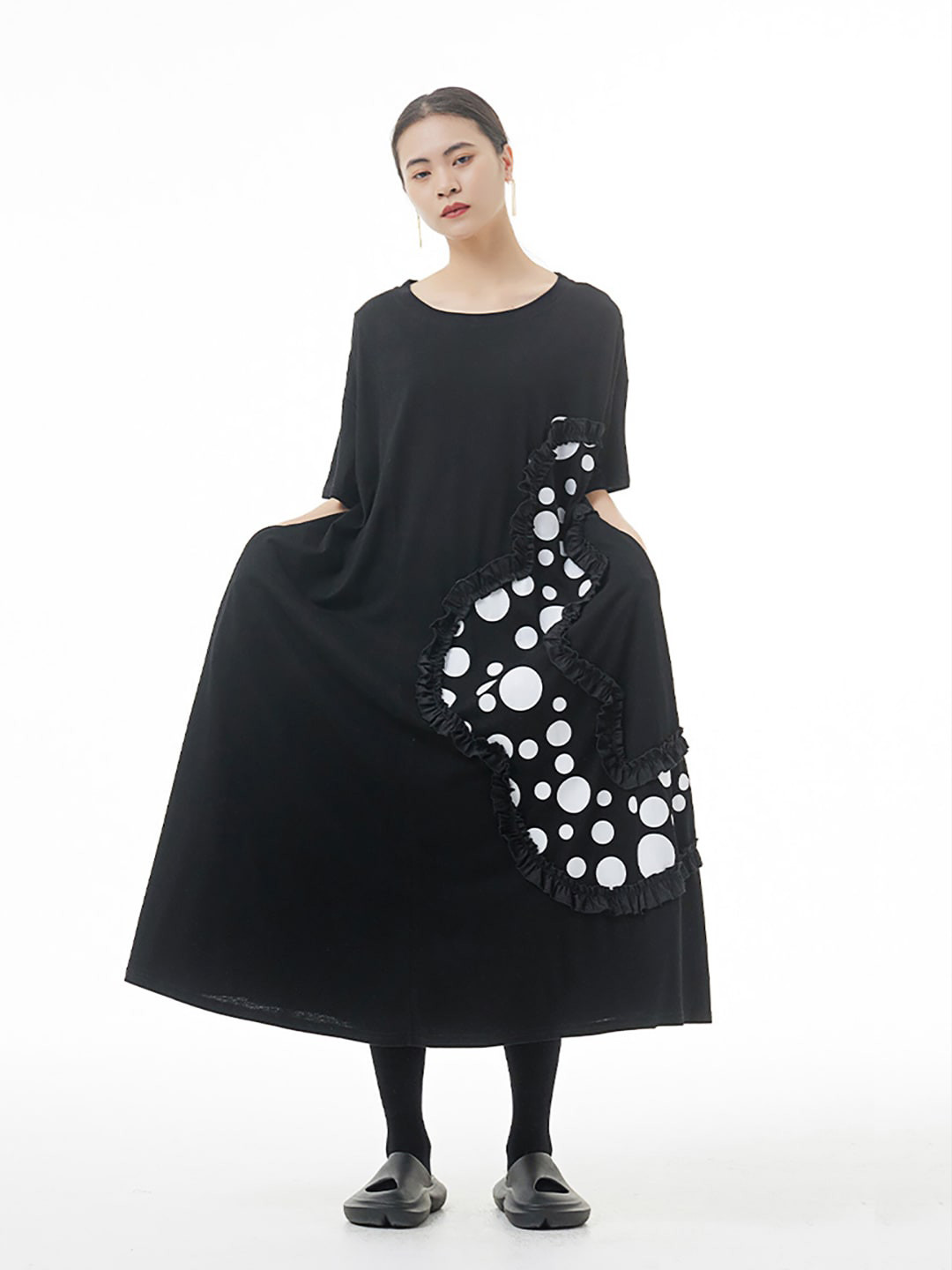 

JC Collection Polka Dots Printed A-Line Midi Dress, Black