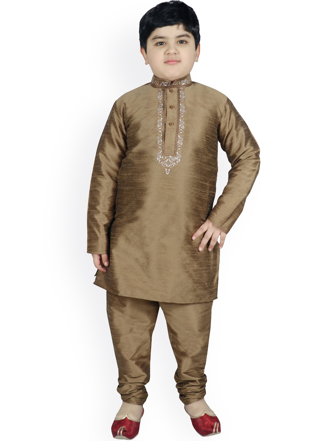 

SG YUVRAJ Boys Mandarin Collar Thread Work Kurta with Churidar, Khaki