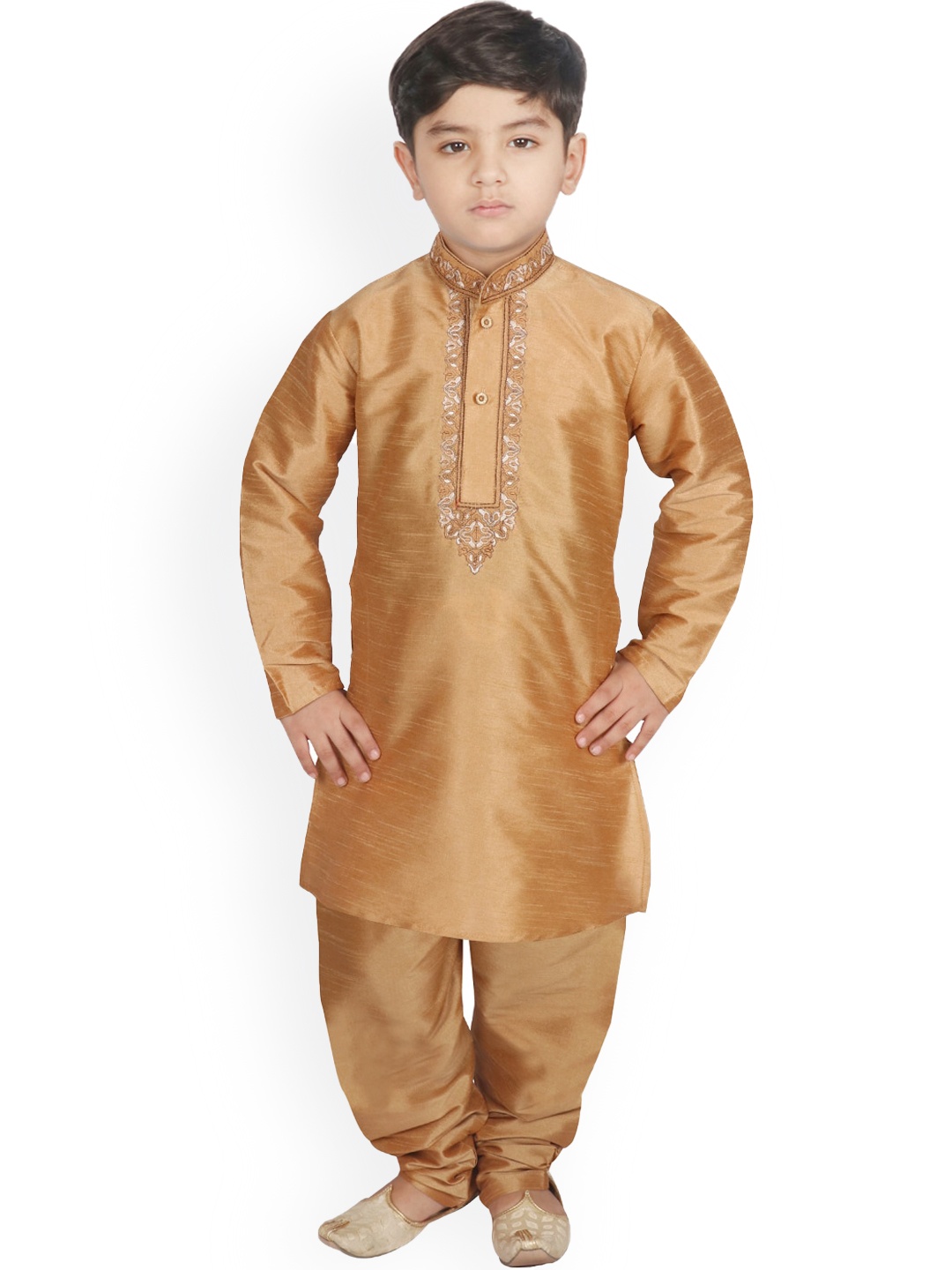 

SG YUVRAJ Boys Mandarin Collar Thread Work Kurta With Churidar, Gold