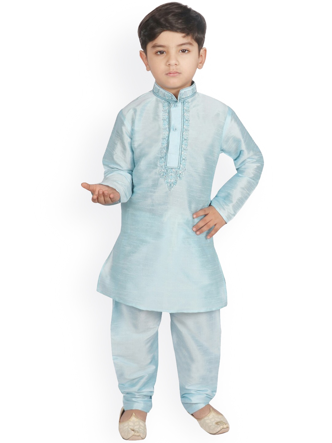 

SG YUVRAJ Boys Mandarin Collar Embroidered Thread Work Kurta With Churidar, Turquoise blue