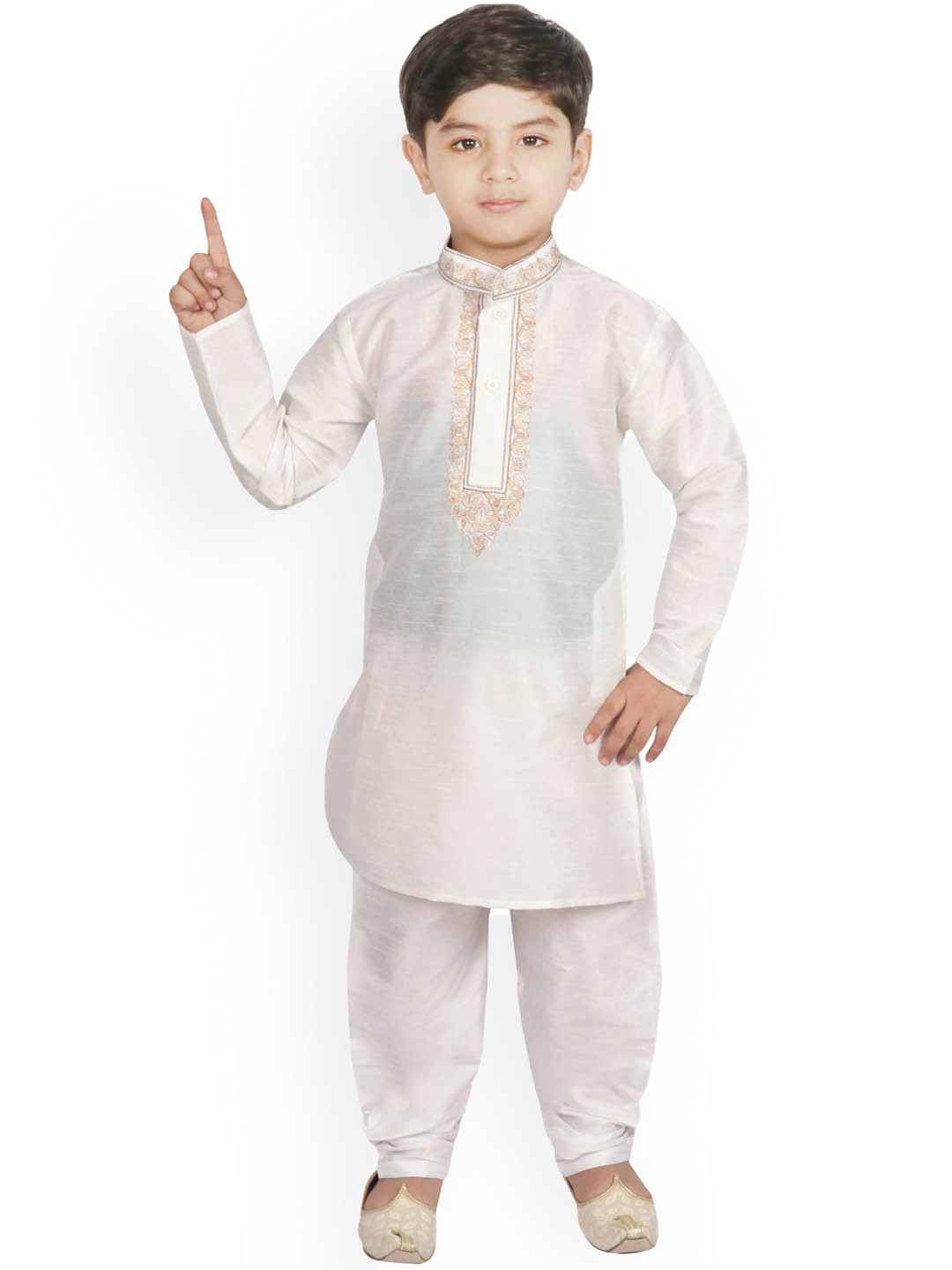 

SG YUVRAJ Boys Mandarin Collar Embroidered Thread Work Kurta With Churidar, Off white