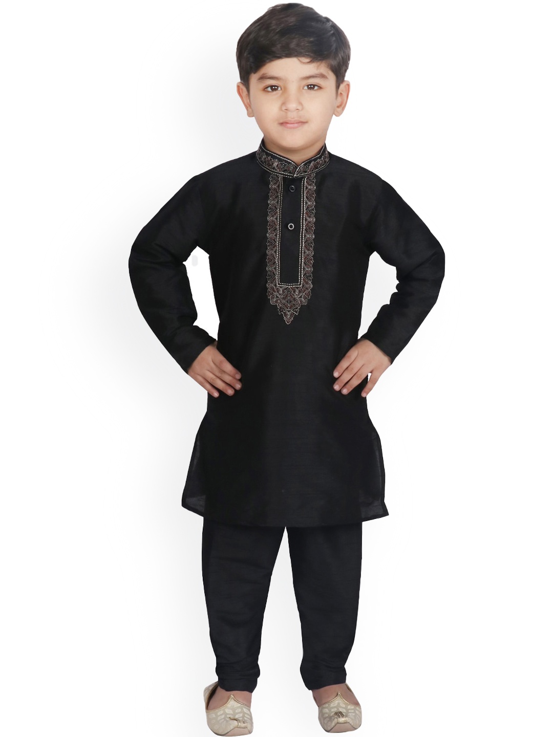 

SG YUVRAJ Boys Mandarin Collar Thread Work Kurta With Churidar, Black