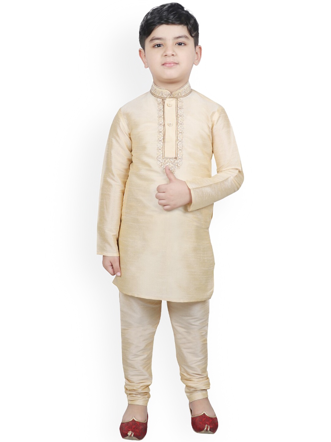 

SG YUVRAJ Boys Mandarin Collar Thread Work Kurta With Churidar, Beige