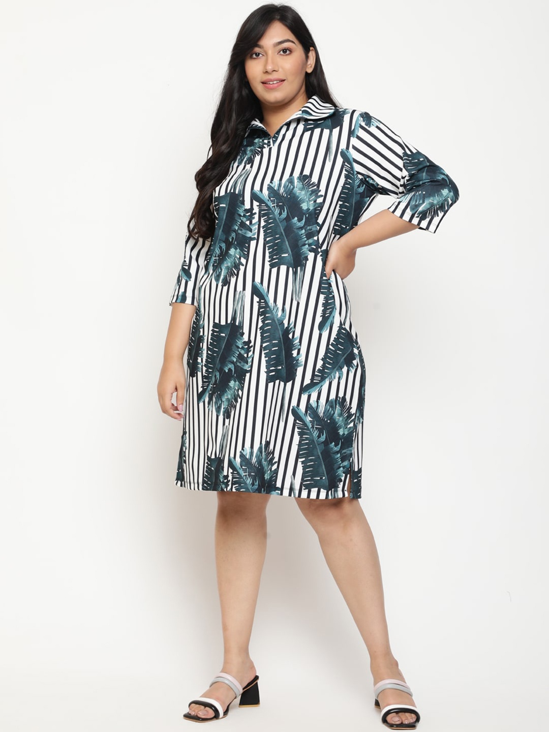

Amydus Plus Size Tropical Printed Shirt Dress, White