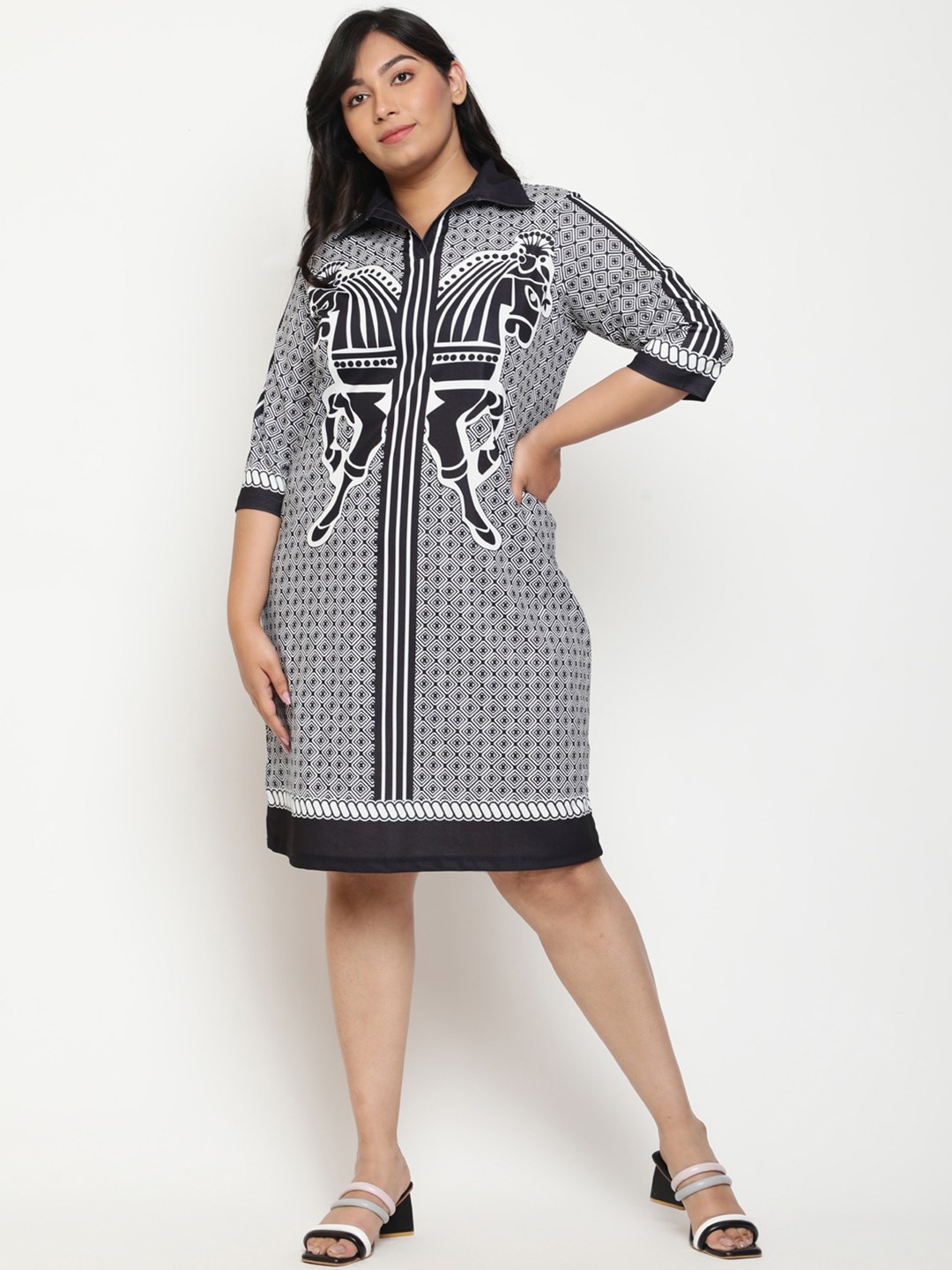

Amydus Plus Size Shirt Collar Wrap Dress, Black