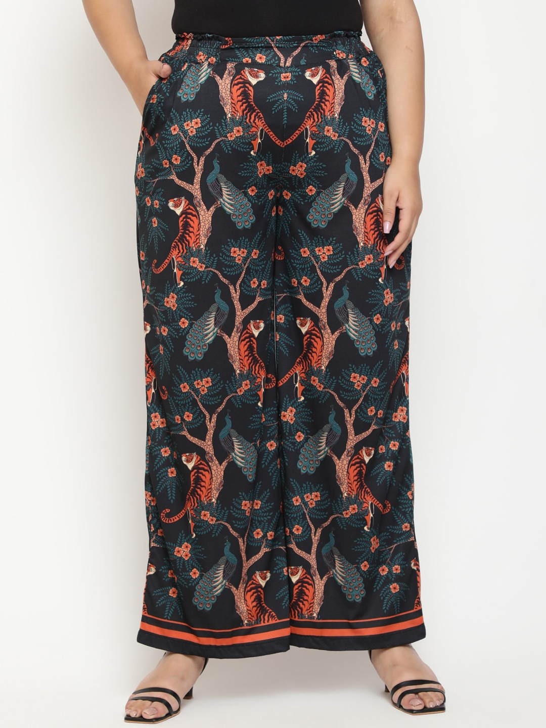 

Amydus Women Plus Size Floral Printed High-Rise Parallel Trousers, Black