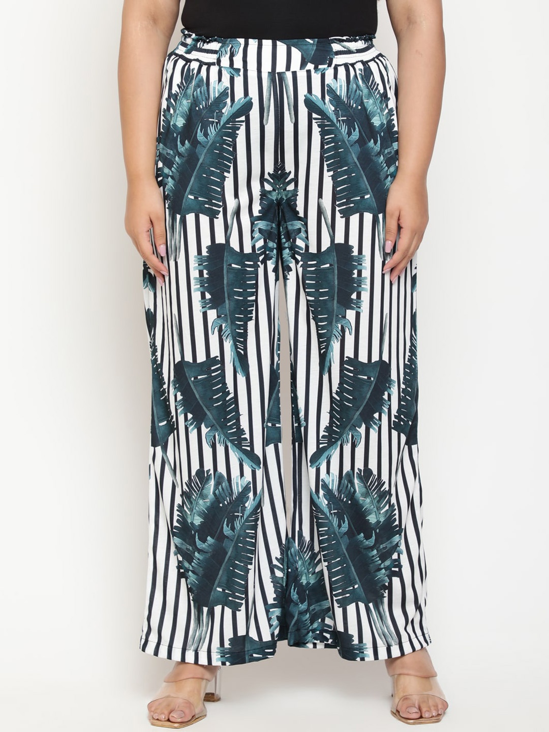 

Amydus Women Plus Size Tropical Printed High-Rise Parallel Trousers, White