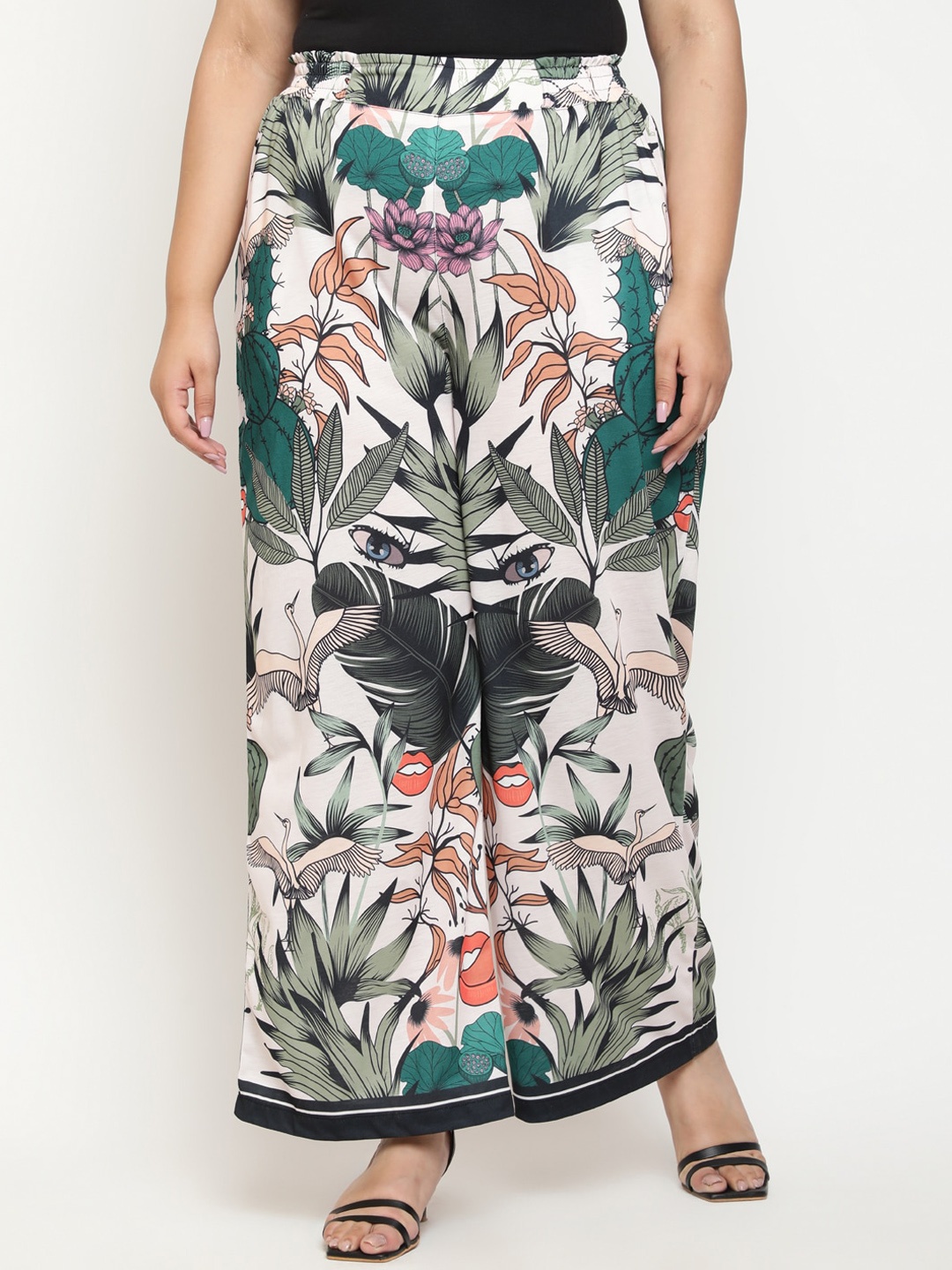 

Amydus Women Plus Size Tropical Printed High-Rise Parallel Trousers, White