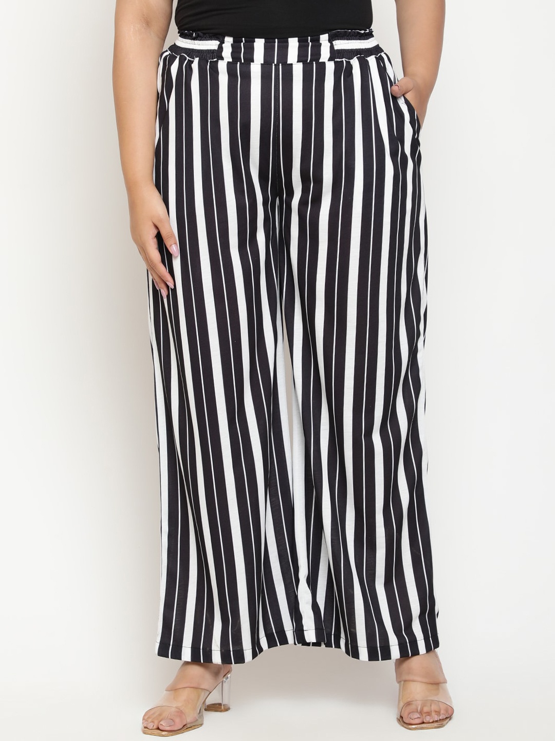 

Amydus Women Plus Size Vertical Striped High-Rise Parallel Trousers, Black