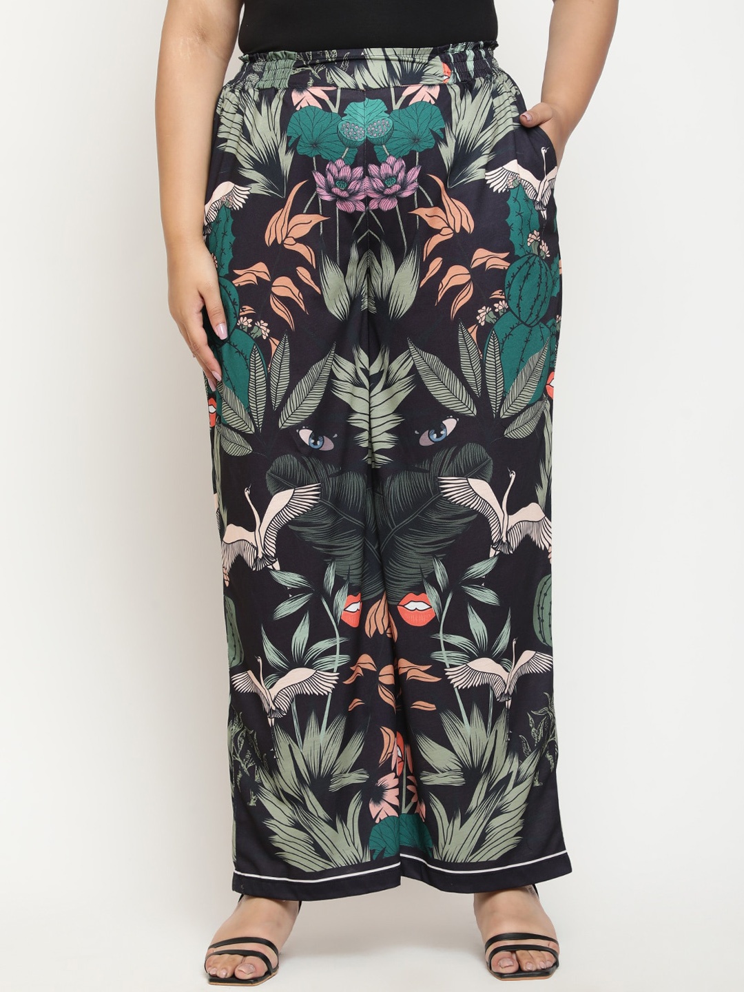 

Amydus Women Plus Size Tropical Printed High-Rise Parallel Trousers, Black