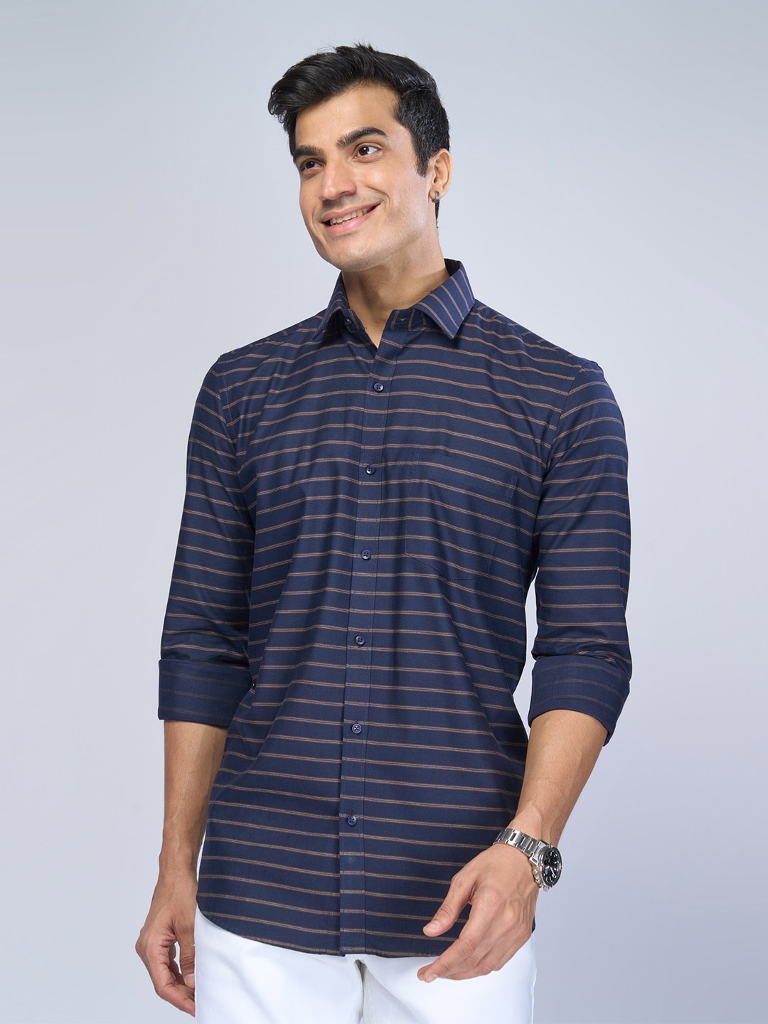 

MARK & ALBERT Slim Fit Horizontal Stripes Cotton Casual Shirt, Blue