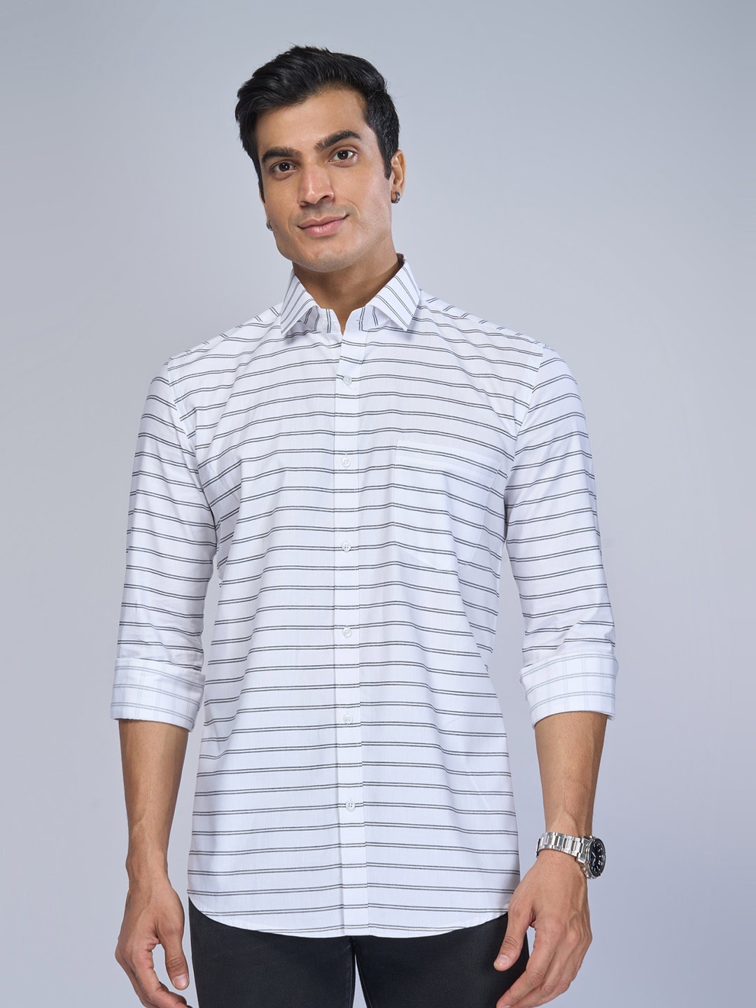 

MARK & ALBERT Slim Fit Horizontal Stripes Cotton Casual Shirt, White