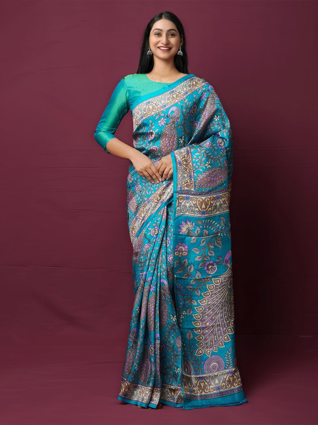 

Unnati Silks Ethnic Motifs Printed Pure Silk Handloom Mysore Silk Saree, Blue