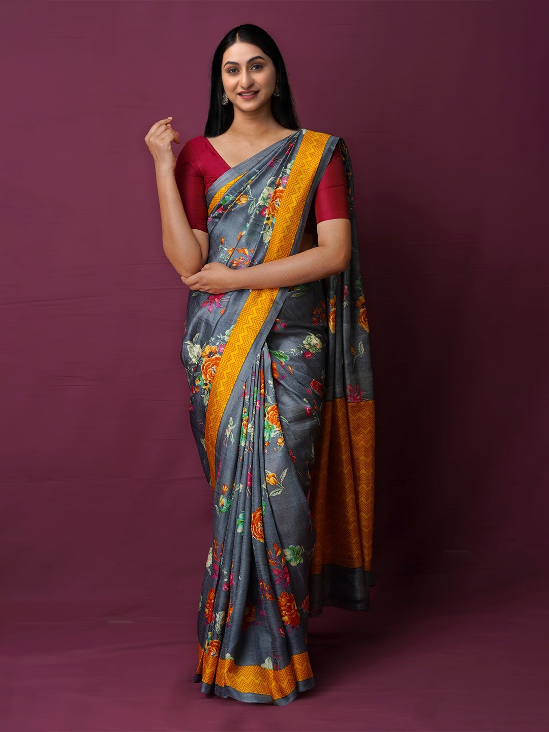 

Unnati Silks Floral Block Printed Pure Silk Handloom Mysore Silk Saree, Grey