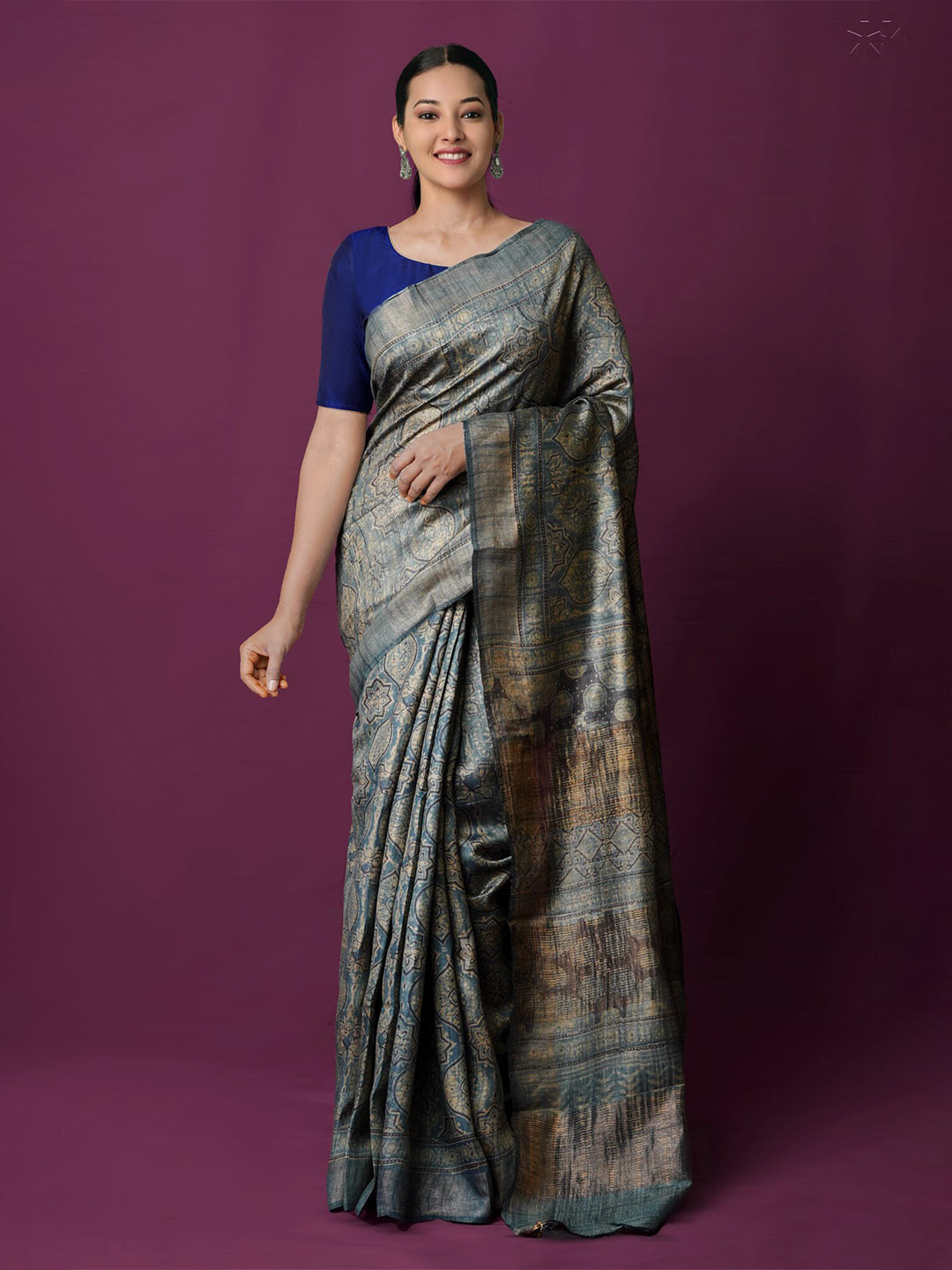 

Unnati Silks Ethnic Motifs Block Printed Pure Silk Handloom Tussar Saree, Grey