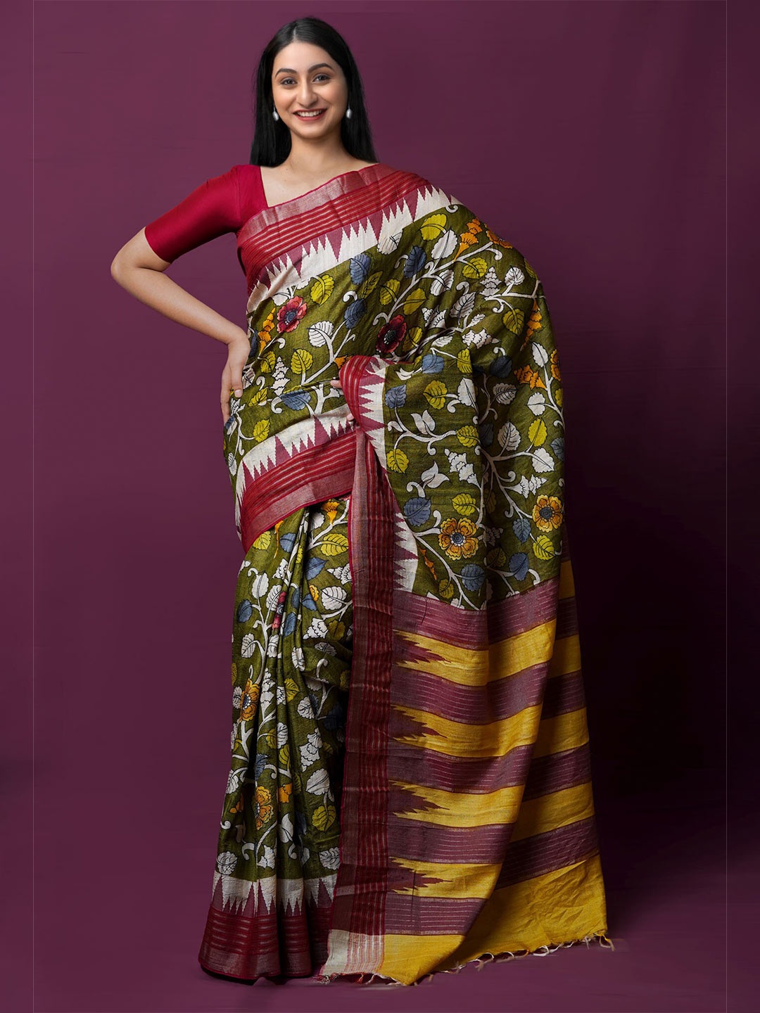 

Unnati Silks Floral Printed Zari Handloom Jute Silk Kanjeevaram Saree, Olive