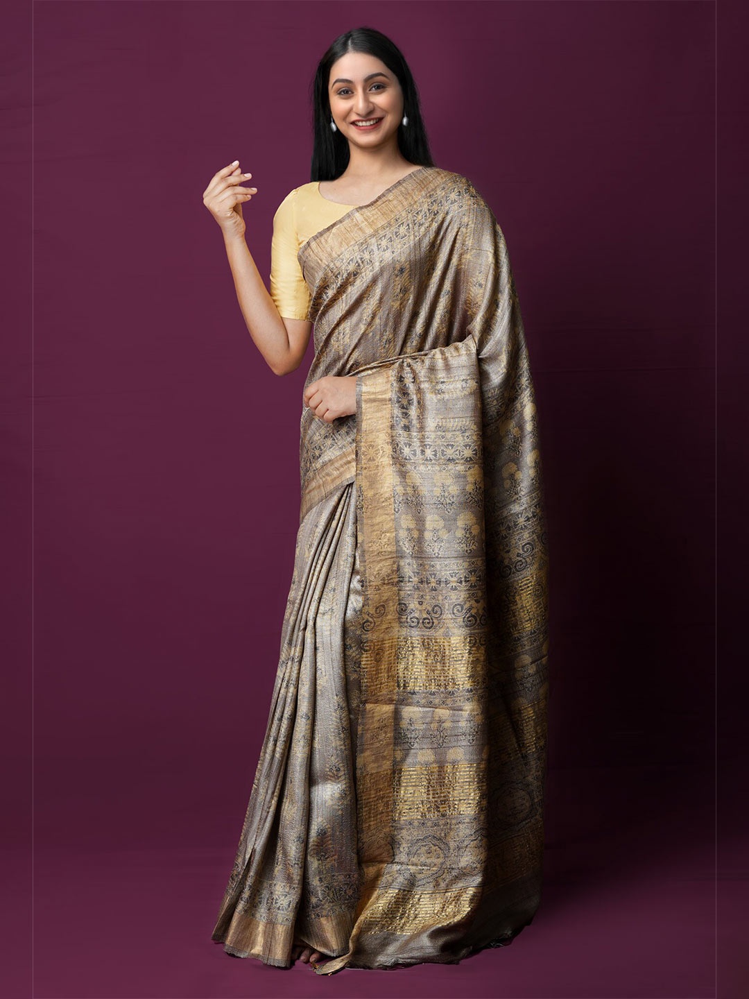 

Unnati Silks Ethnic Motifs Printed Zari Pure Silk Handloom Tussar Saree, Cream