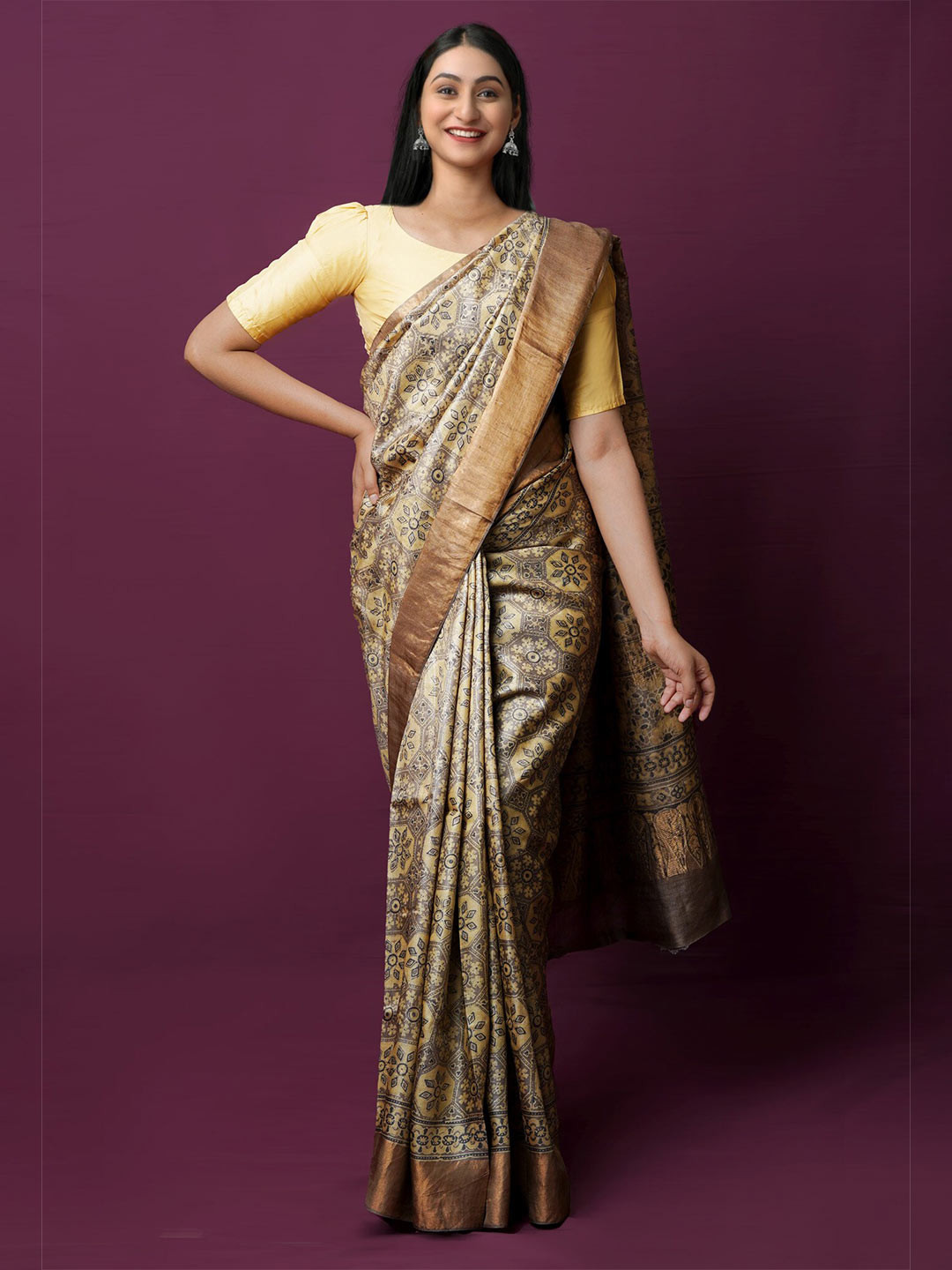 

Unnati Silks Ethnic Motifs Printed Zari Pure Silk Handloom Tussar Saree, Beige