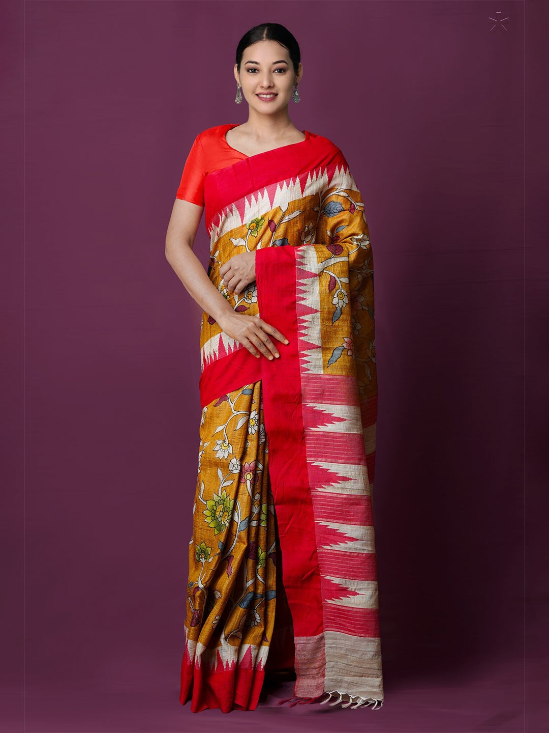 

Unnati Silks Kalamkari Printed Jute Silk Kanjeevaram Saree, Mustard