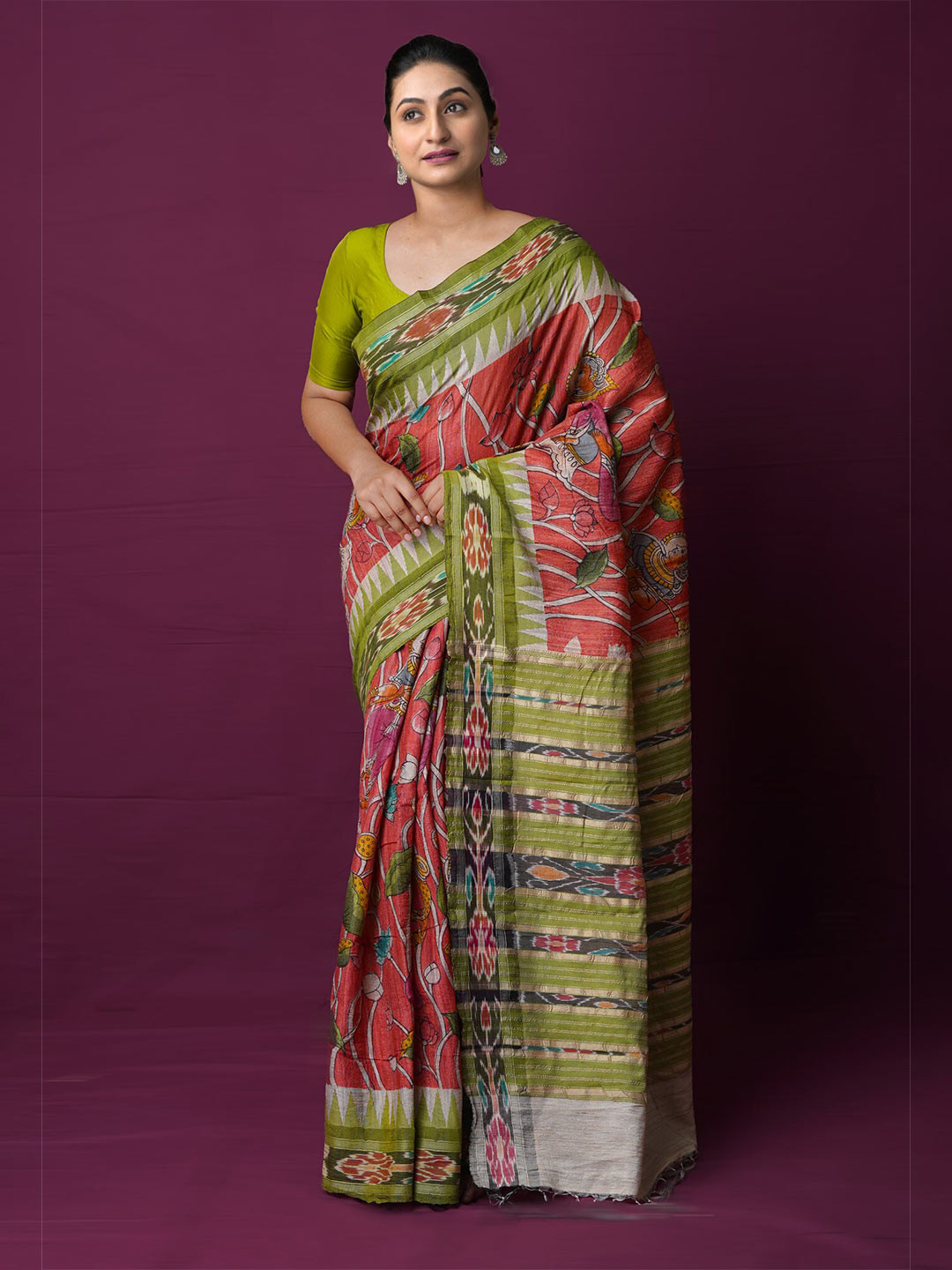 

Unnati Silks Floral Jute Silk Handloom Kanjeevaram Saree, Red