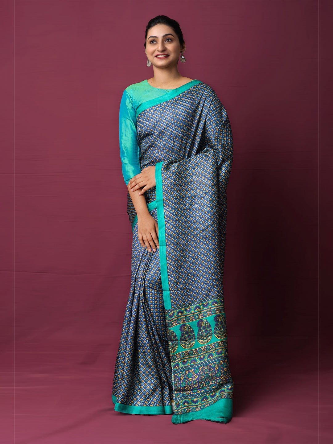 

Unnati Silks Ethnic Motifs Block Printed Pure Silk Handloom Mysore Silk Saree, Navy blue