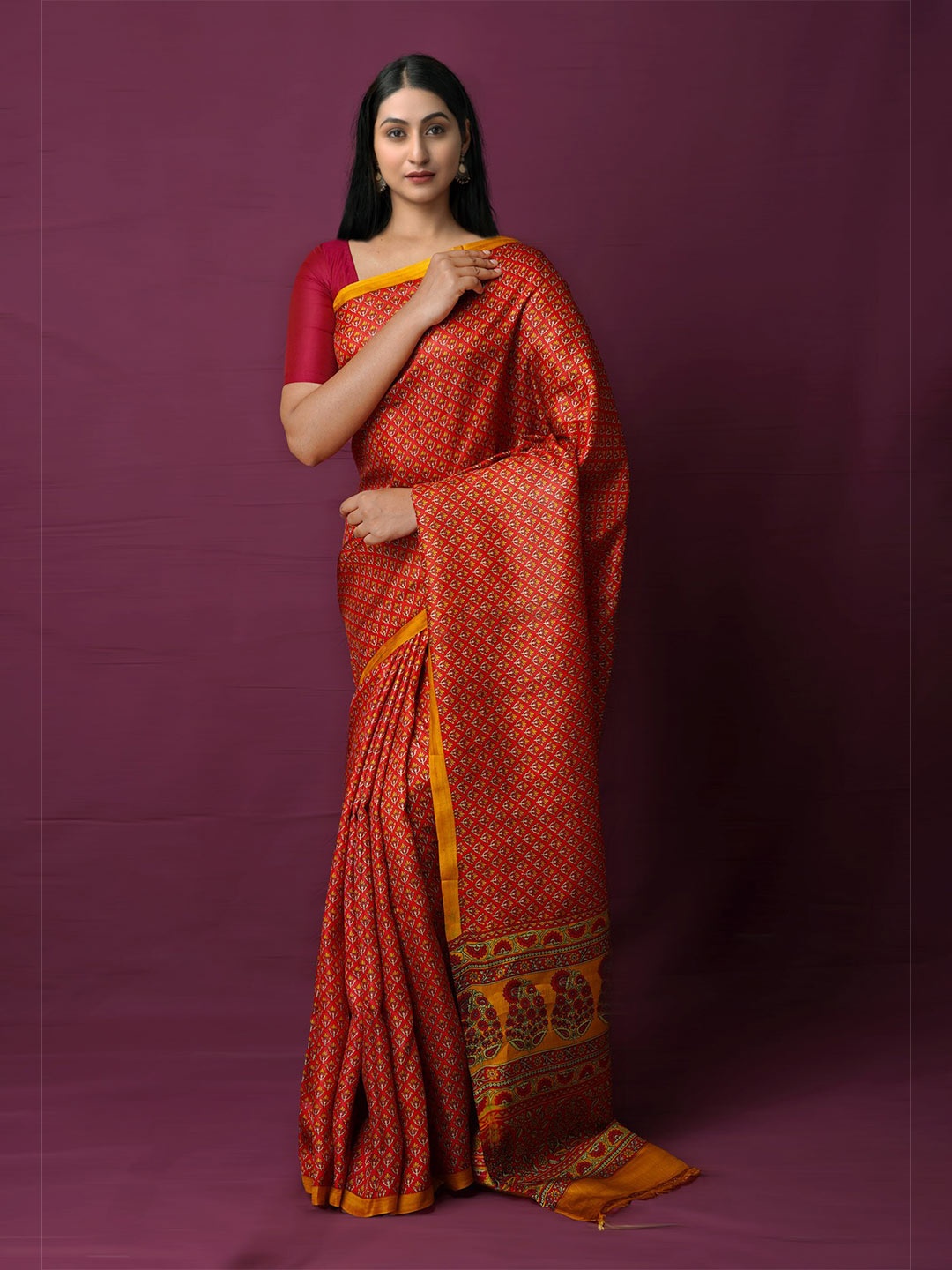 

Unnati Silks Ethnic Motifs Pure Silk Handloom Mysore Silk Saree, Red