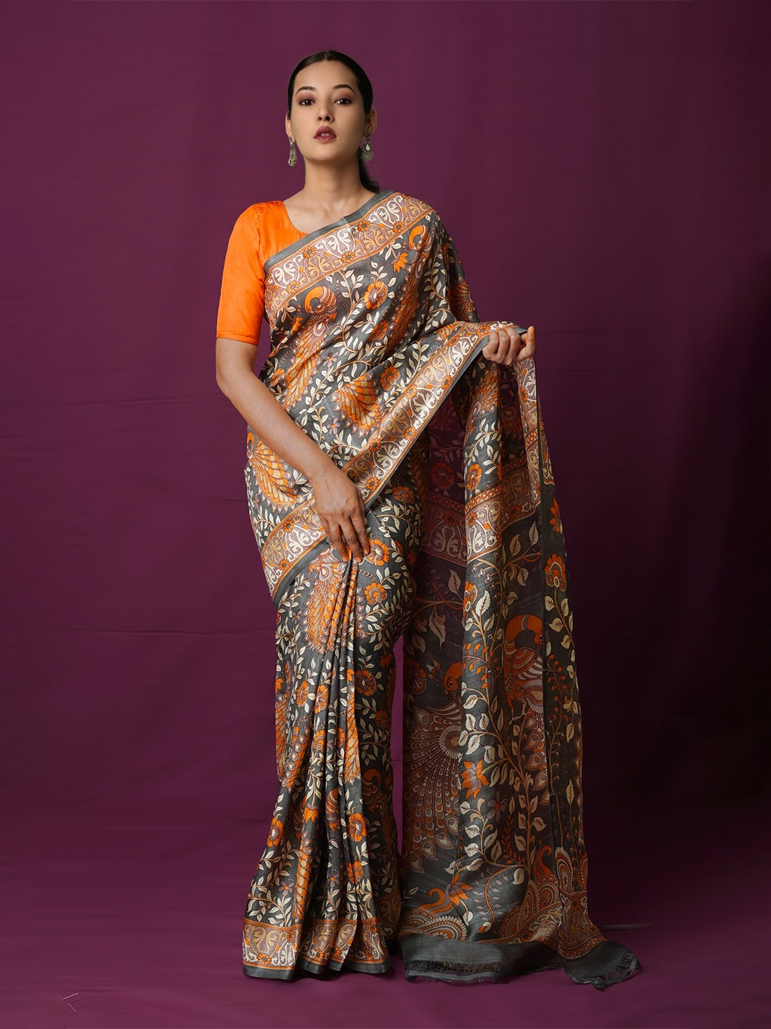 

Unnati Silks Ethnic Motifs Printed Pure Silk Handloom Mysore Silk Saree, Green