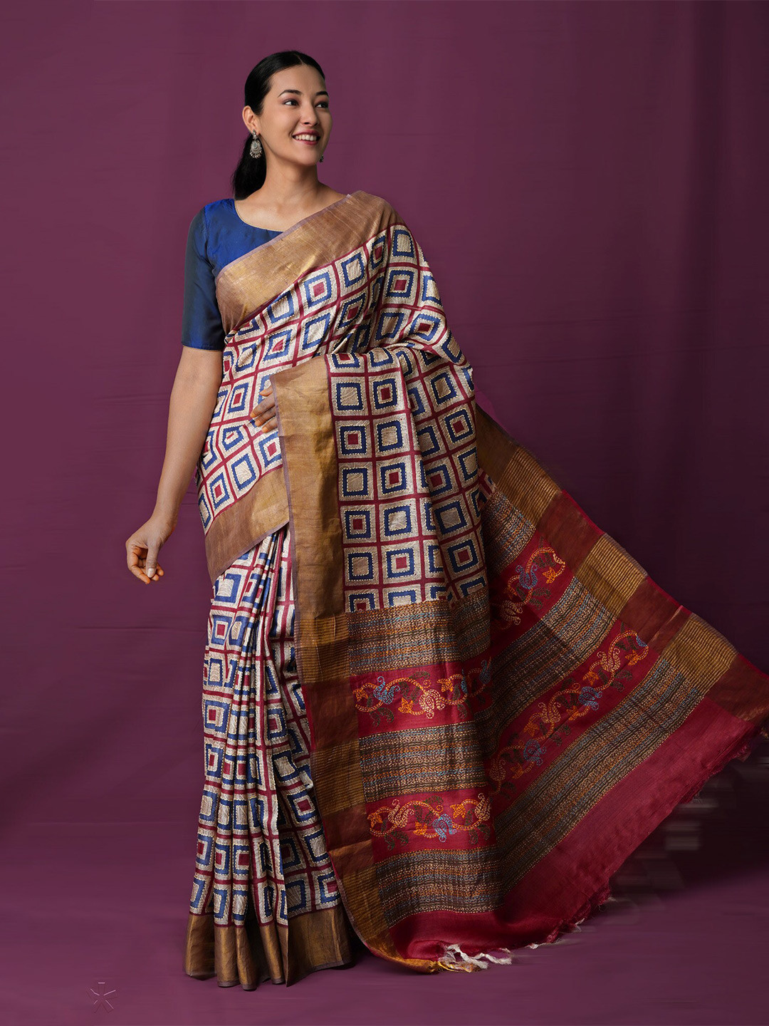 

Unnati Silks Geometric Printed Zari Pure Silk Tussar Saree, Beige