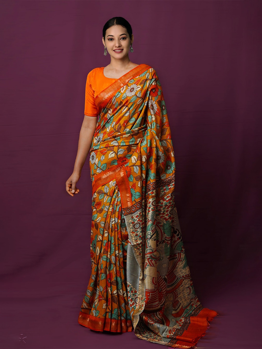 

Unnati Silks Floral Zari Pure Silk Block Print Saree, Yellow