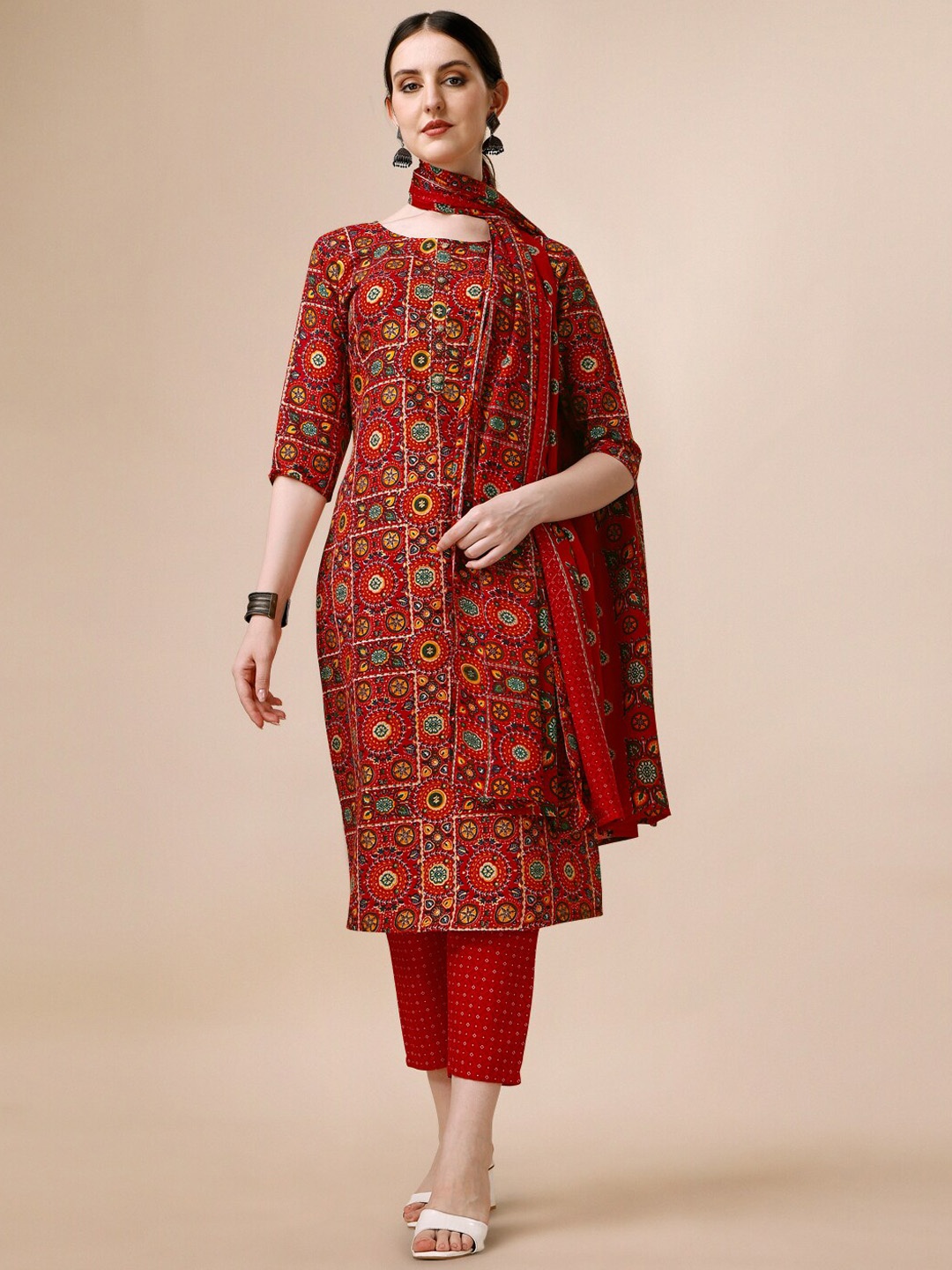 

Berrylicious Ethnic Printed Regular Pure Cotton Straight Kurta With Trousers & Dupatta, Red
