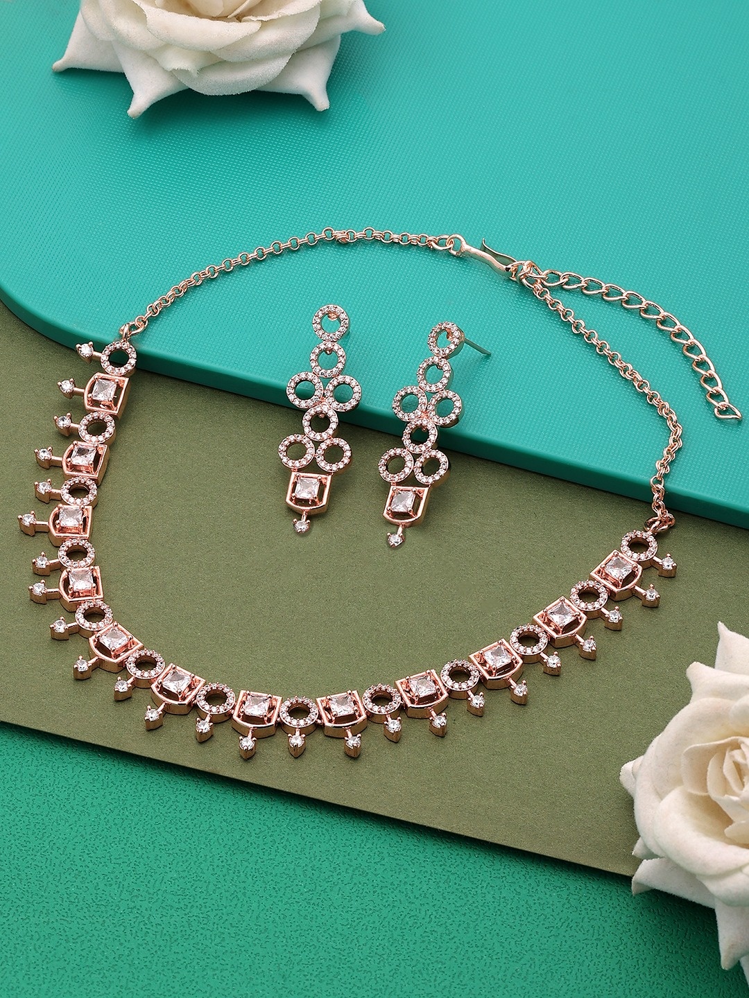 

Zaveri Pearls Rose Gold-Plated Cubic Zirconia-Studded Jewellery Set