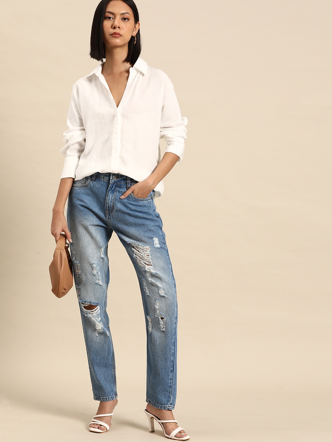 

all about you Women Relaxed Fit Highly Distressed Light Fade Cotton Jeans, Blue