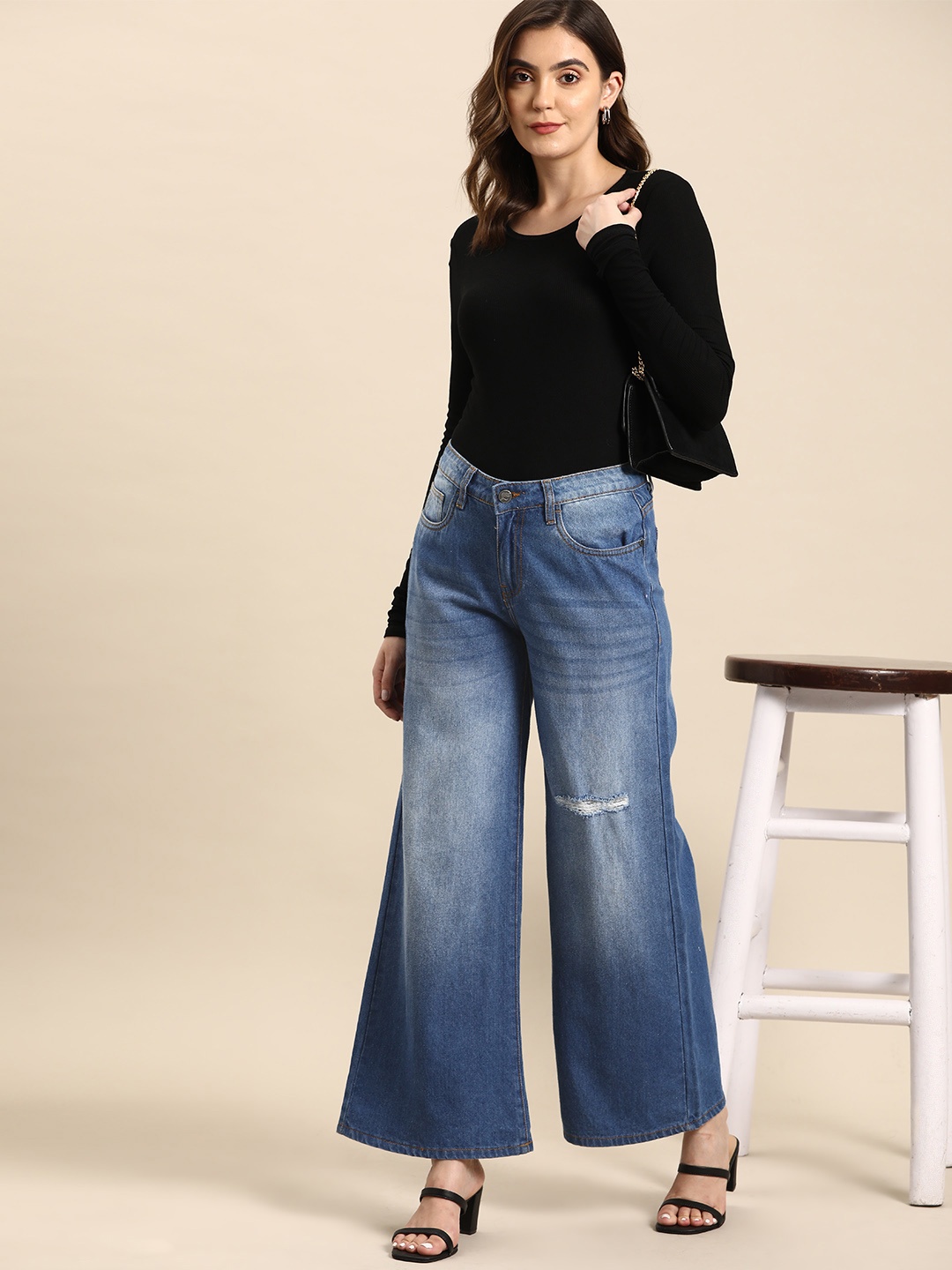 

all about you Wide Leg Mildly Distressed Light Fade Pure Cotton Jeans, Blue