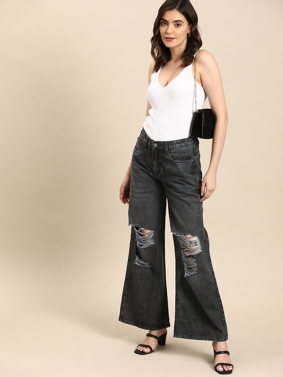 

all about you Wide Leg Highly Distressed Pure Cotton Jeans, Black
