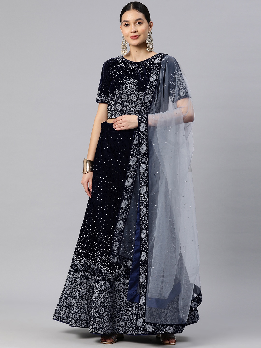 

CAMPAIGN TRENDS Embellished Beads and Stones Unstitched Lehenga & Blouse With Dupatta, Navy blue